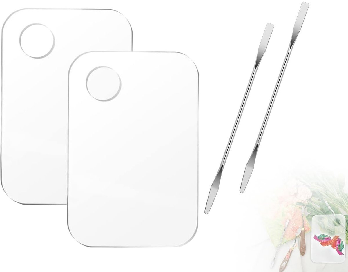 NTH products- Make-uppalet 2 Stuks - Mengpalet Transparant Acryl - Cosmetica-Palet - Dienblad voor Cosmetica - Inclusief 2 Spatels - Hoge Kwaliteit