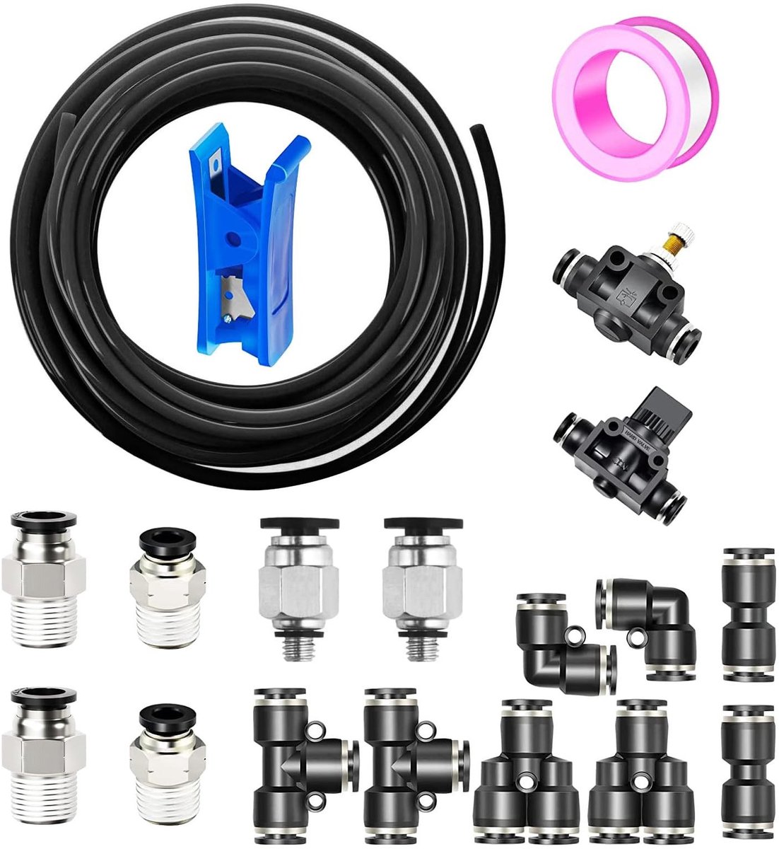 MTTproducts- Luchtslang 10 meter - Polyurethaan (PU) - 8 mm OD / 5 mm ID - Hoge flexibiliteit - Inclusief stekkerset - Zwart - Persluchtslang