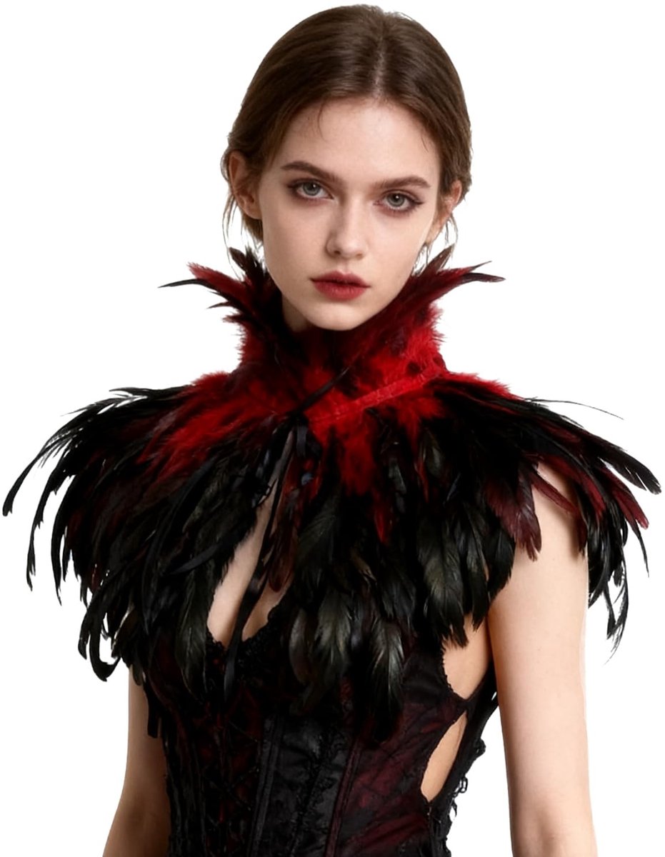 MTTproducts- Sjaal Handgemaakt - Gotische Veren Sjaal - Halsband - Verstelbare Linten - Luxe Gelaagde Veren - Ideaal voor Carnaval - Cape