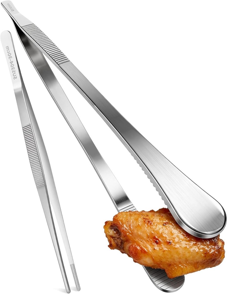Set van 2 Keukenpincetten - 30 cm & 30.5 cm RVS Kookpincetten en Grilltangen - Multifunctionele Serveertangen voor BBQ, Koken en Bakken - Vaatwasserbestendig en Duurzaam