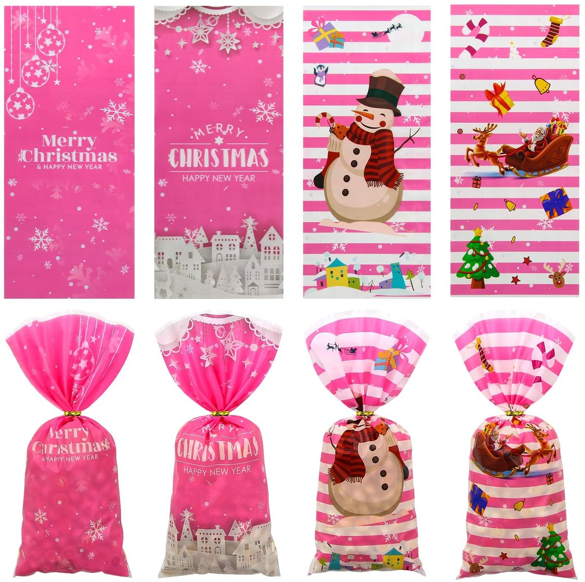 Cosensi- Snoepzakjes 100 Stuks - Roze Kerstmotief - Cadeautas - Geschenktas - Snoepzakjes - Opbergzakken - Vrolijk Kerstfeest