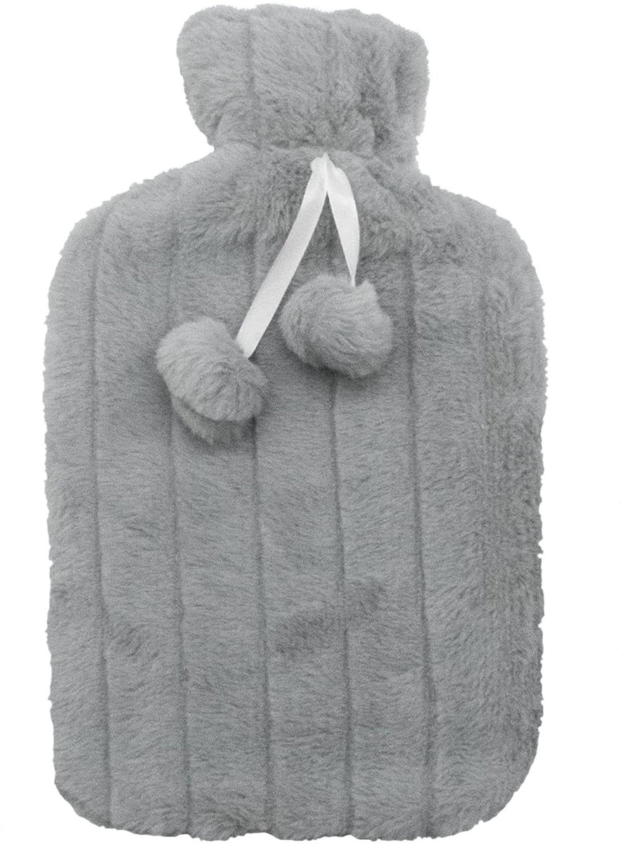 Cosensi- Warmwaterkruikhoes Pluizig - Geschikt voor 2 Liter Fles - Huidvriendelijk - Grijs met Pompons - Perfect Cadeau voor Winterdagen - Warmwaterkruik