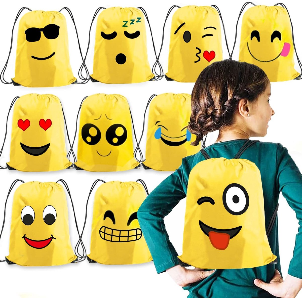 Cosensi- Gymtas Emoji - 10 Stuks - Duurzaam Nylon - Trekkoord - Herbruikbaar - Feestaccessoires - 43x34 cm - Rugzak