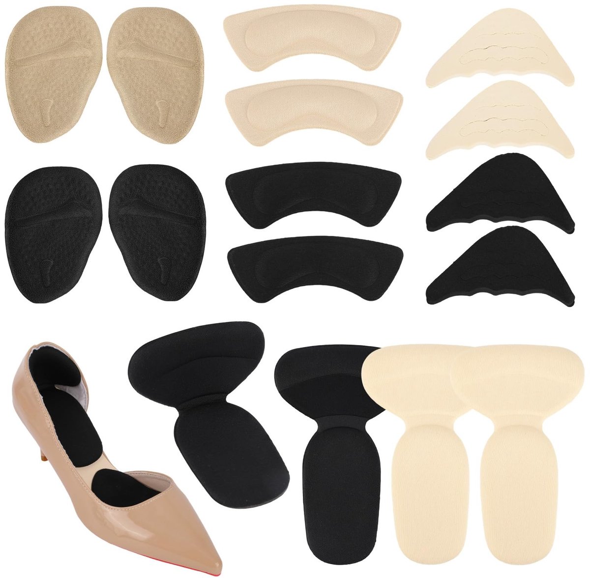 Cosensi- Schoenkussentjes 16st - Hielkussentjes/Spons/Gelkussentjes - Antislip/Zelfklevend - Verbeterd Comfort - Zwart/Beige - Geschikt voor Mannen/Vrouwen - Inlegzolen