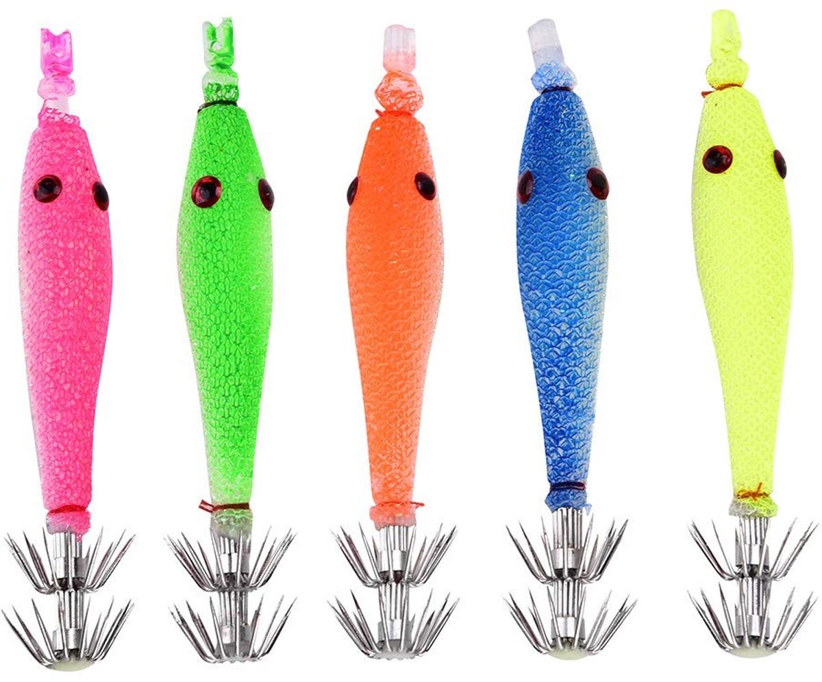 Cosensi- Inktvisvishaken 5 Stuks - Kunstmatige Kunstaas - Dubbele Haak - Lichtgewicht - Eenvoudig te Gebruiken - Voor Zoetwater/Zoutwater
