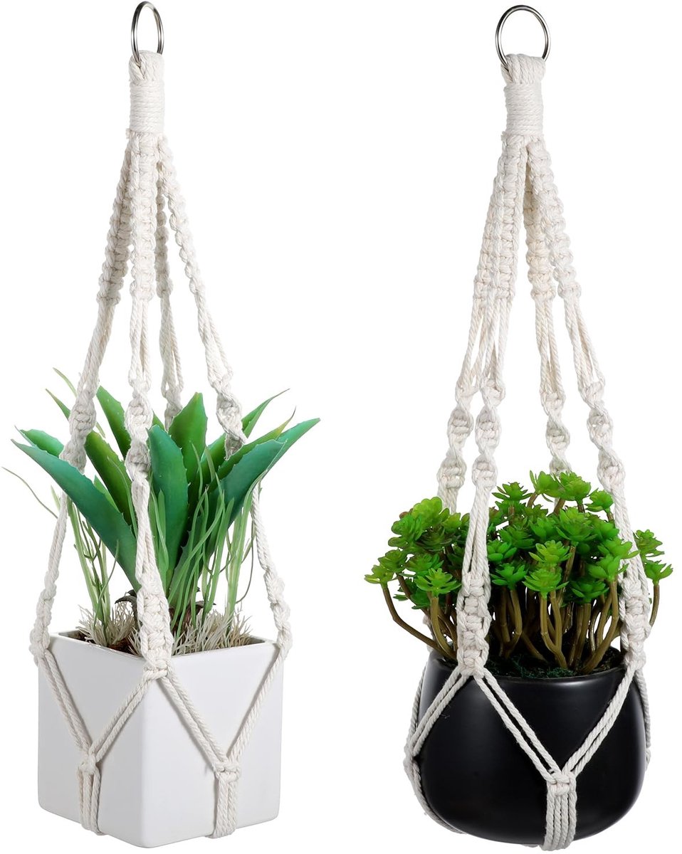 Cosensi- Macramé Plantenhanger - Hangend - Boho-Stijl - 2 Stuks - Voor Binnen/Buiten - Hoogwaardig Nylon/IJzer - 48,5 cm Lengte