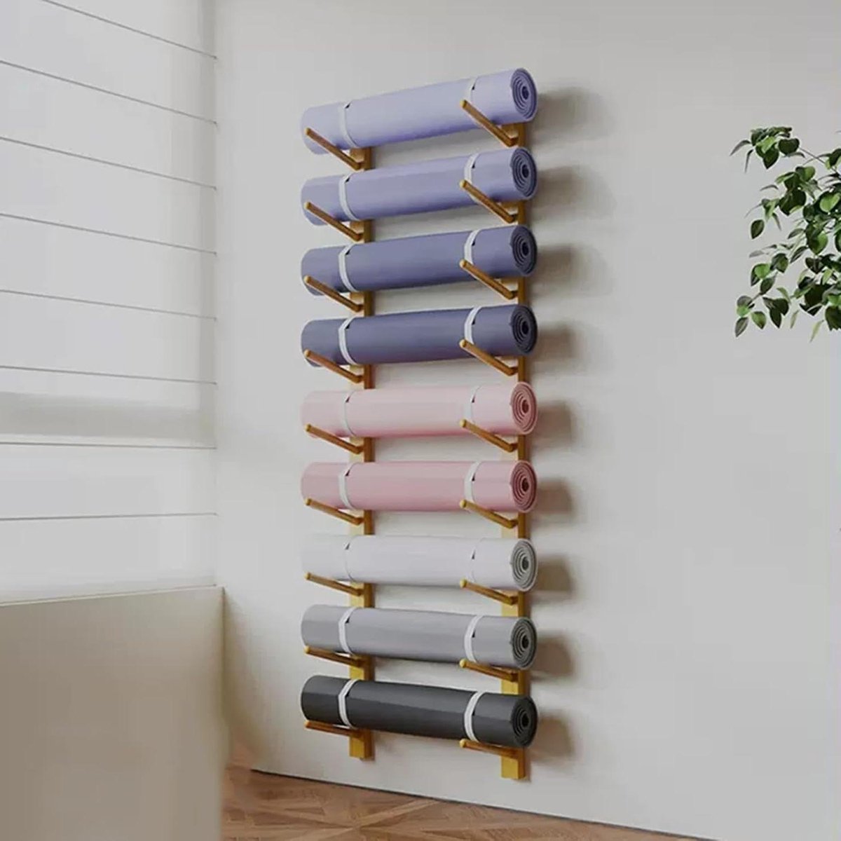 Yoga Mat Houder - Muurrek Opberger - Thuis Sport Organiseren - 9 Lagen Ontwerp - 156 cm Hoog - Houtkleur