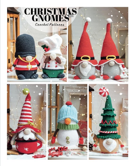 Six lutins de Noël au crochet: un gardien, un cuisinier, deux avec un bonnet rouge, un bonhomme de neige et un sapin de Noël.