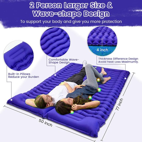 VR7 Double Sleeping Mat - Self Inflating Camping Mat - Camping Mattress with Built-in Foot Pump and Cushions Camping Mat for Hiking, Backpacking Tent - Blue — afbeelding 4