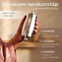 Zilverkleurige douchefilter in een hand, met de tekst "GAAT 13.000 LITER MEE" en advies voor gebruiksfrequentie.
