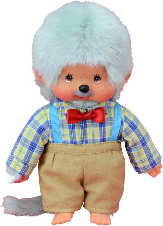Sekiguchi 233140 - Originele Monchhichi grootvader, pluche figuur met geruit hemd, vlinderdas en beige broek, ca. 20 cm groot knuffeldier van grijs pluche — afbeelding 3