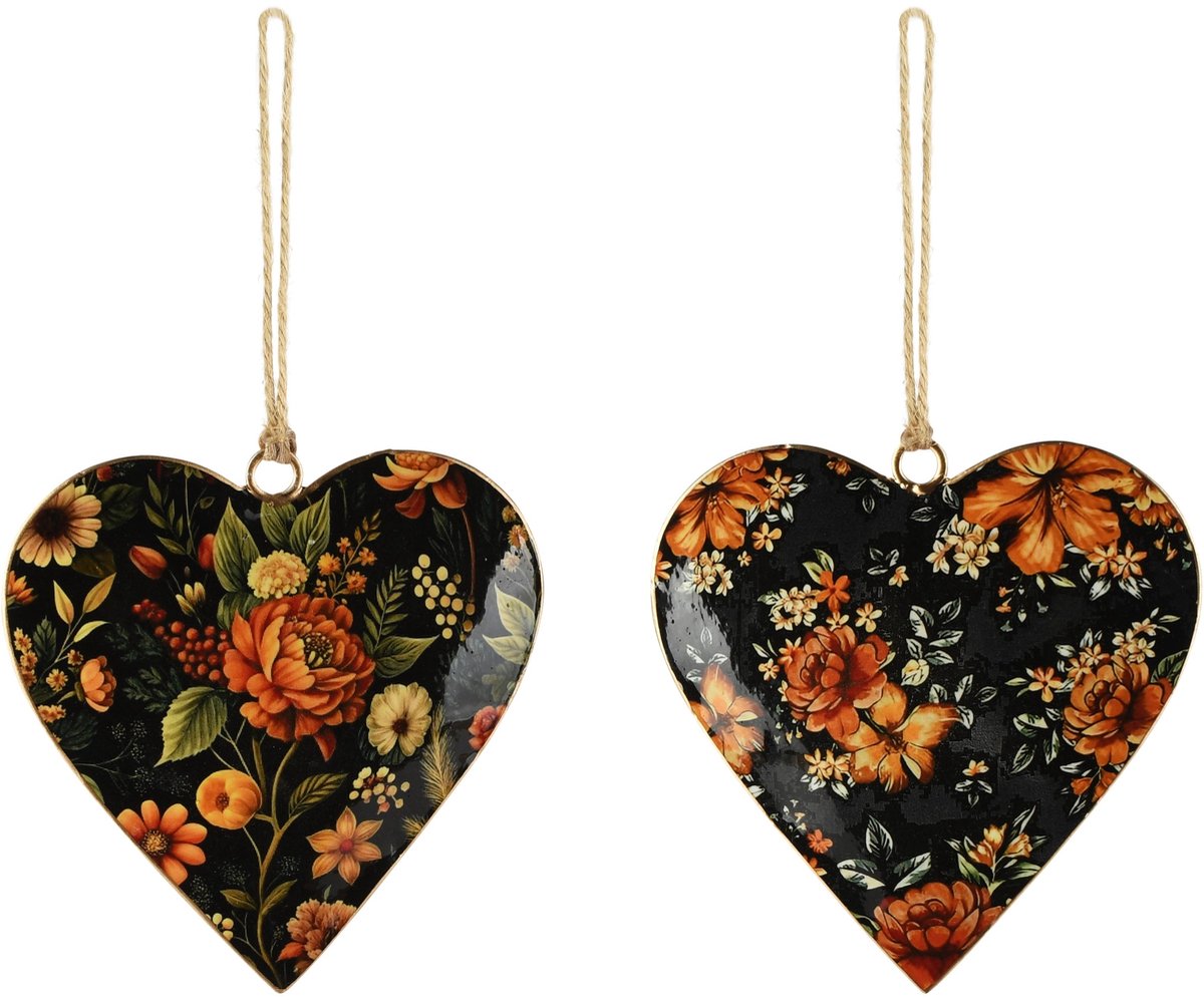 Dekoratief | Hanger hart m/bloemen, zwart/oranje, metaal, 10x1x10cm, set van 2 stuks | A268066