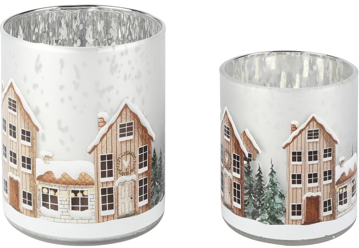 Dekoratief | Set 2 theelichthouders 'Winter Village', glas, 7x7x8cm | A265255