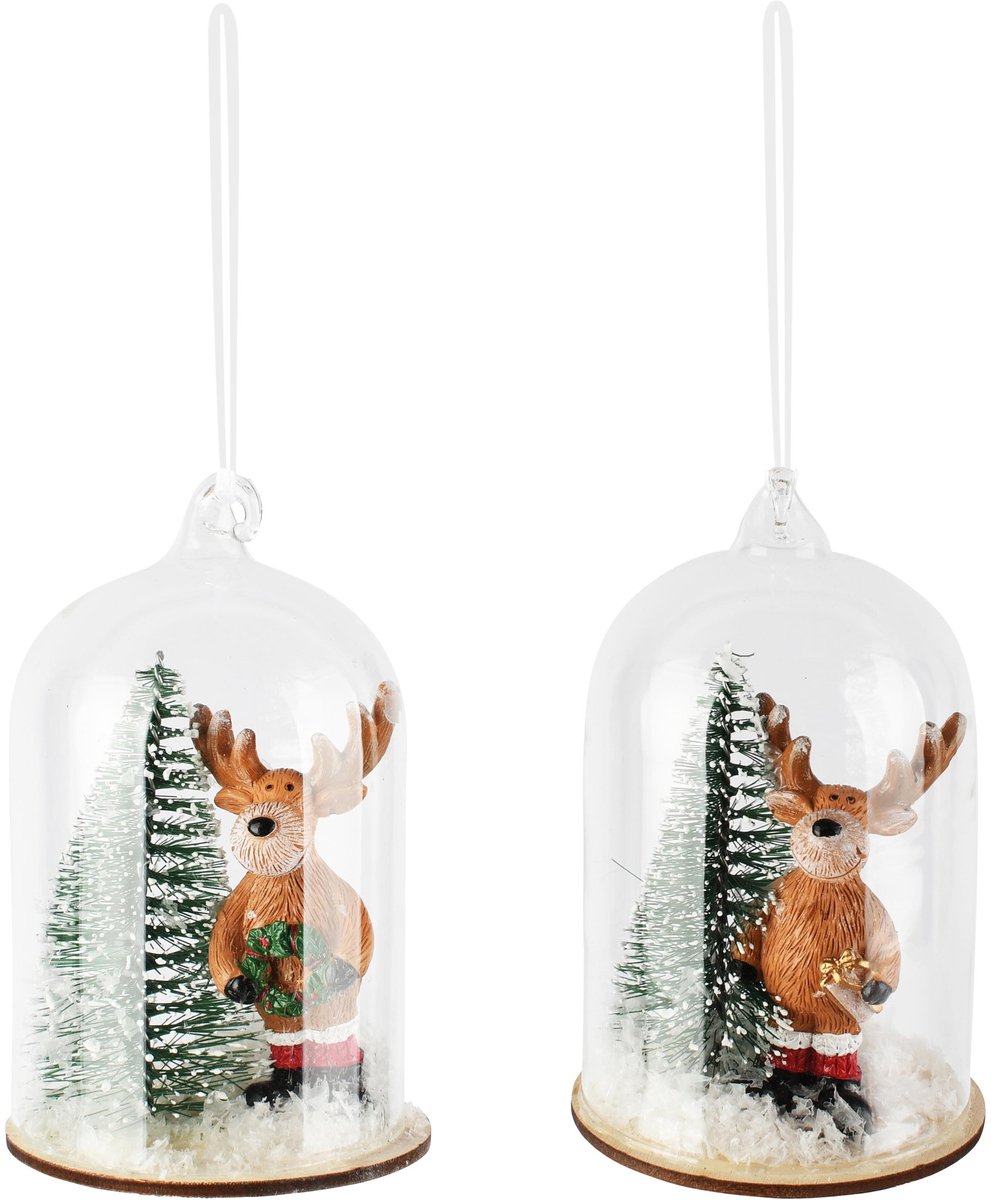 Dekoratief | Hanger globe m/rendier, groen/bruin, glas, 6x6x11cm, set van 2 stuks | A265264