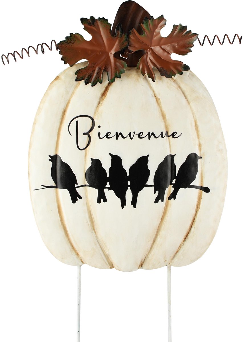 Dekoratief | Tuinprikker pompoen m/vogeltjes 'Bienvenue', metaal, 25x2x47cm | A265407