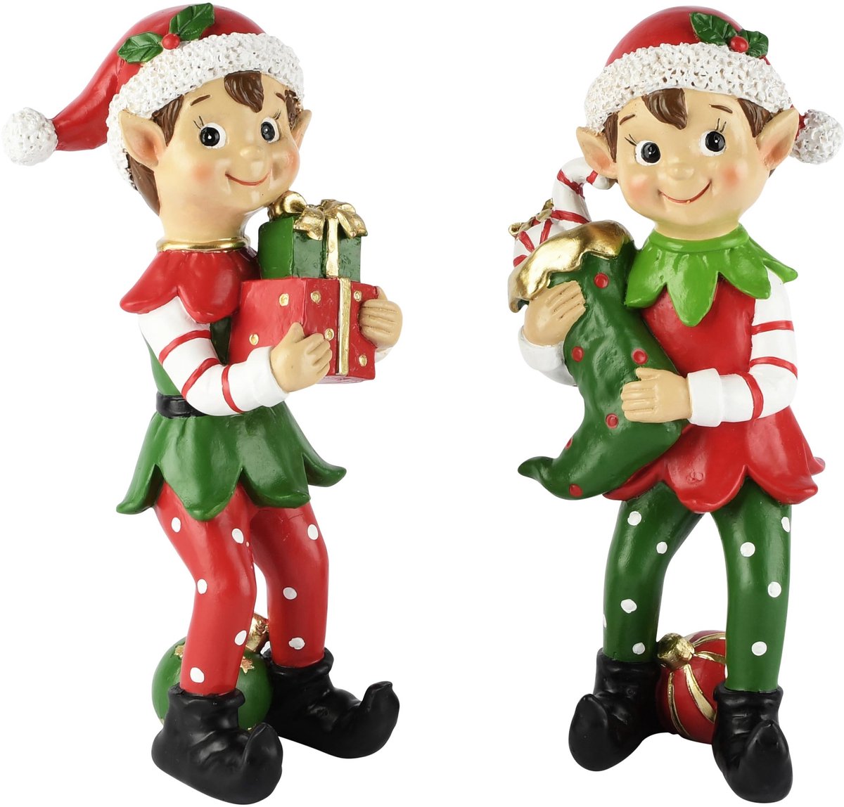 Dekoratief | Kerstelfje m/cadeautjes, groen/rood, resina, 11x10x23cm, set van 2 stuks | A265442