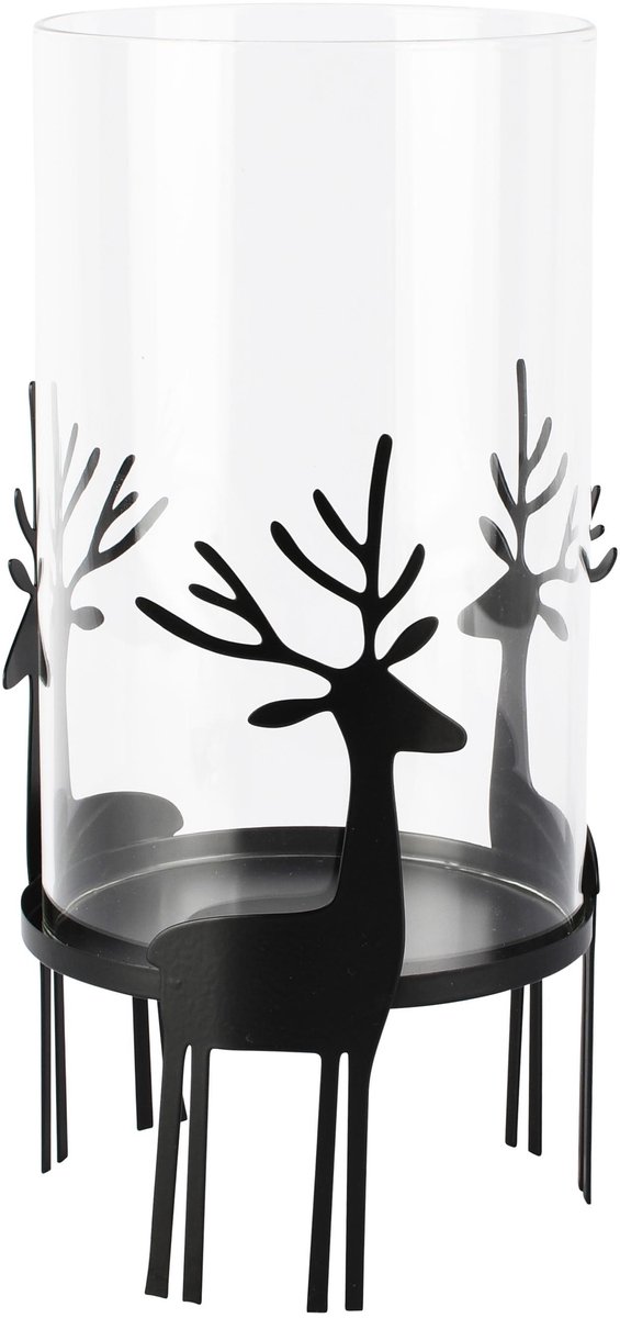 Dekoratief | Theelichthouder m/rendieren, zwart, glas/metaal, 13x13x26cm | A265215