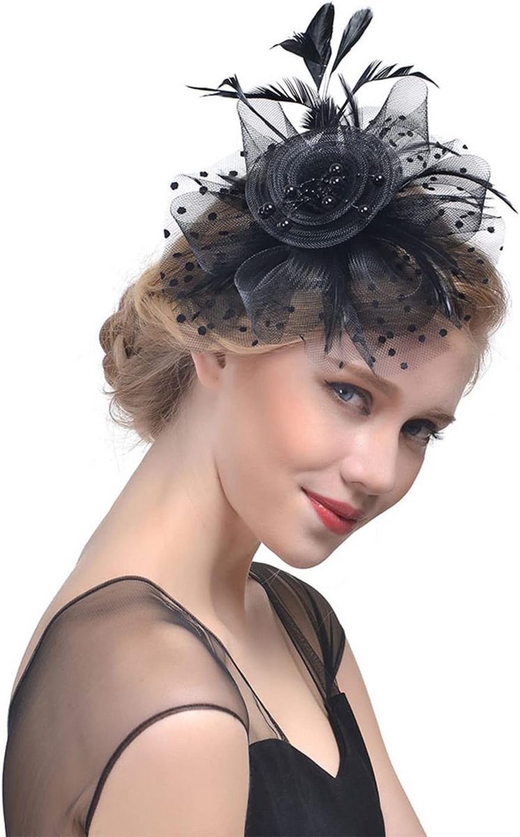 Fascinator hoed dames met bloem, mesh linten en veren op hoofdband - Zwart