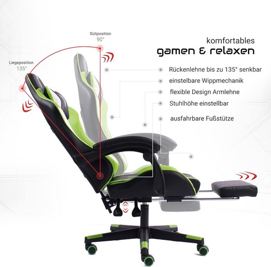 Gamingstoel met voetensteun en steunkussen in zwart met groen en wit — afbeelding 3