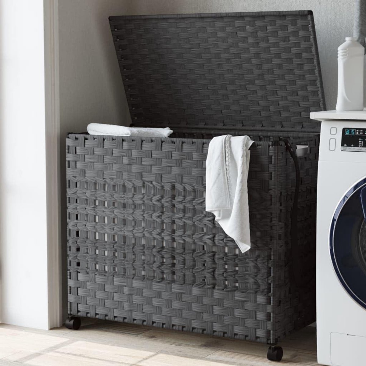 Wasmand met wieltjes Kledingmand opbergmand Was sorteren Met deksel en remmen