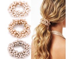 Reaky Parel Haarbanden Fancy Haar Scrunchies Elastische Decoratieve Paardenstaart Houders Haaraccessoires voor Vrouwen (bruin+champagne+roze)