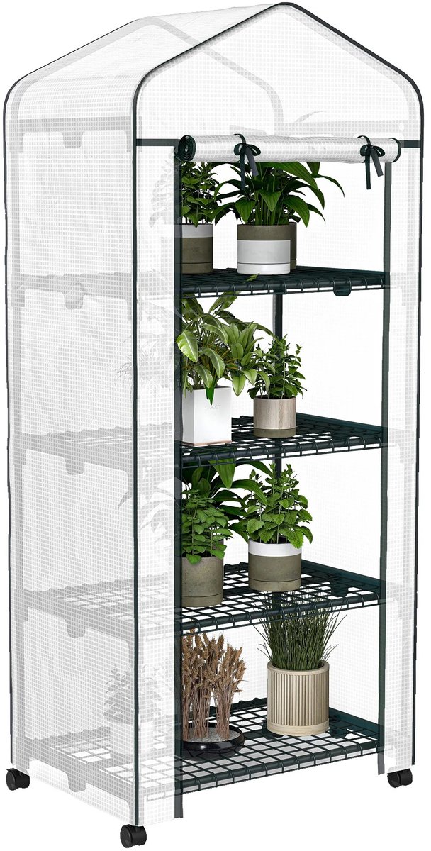 RosaBloom Tuinkas - Kweekkas - Broeikas - Plantenkas - Oproldeur - 4 Planken - Winterbescherming - Wielen - 69x50x165 cm - Wit