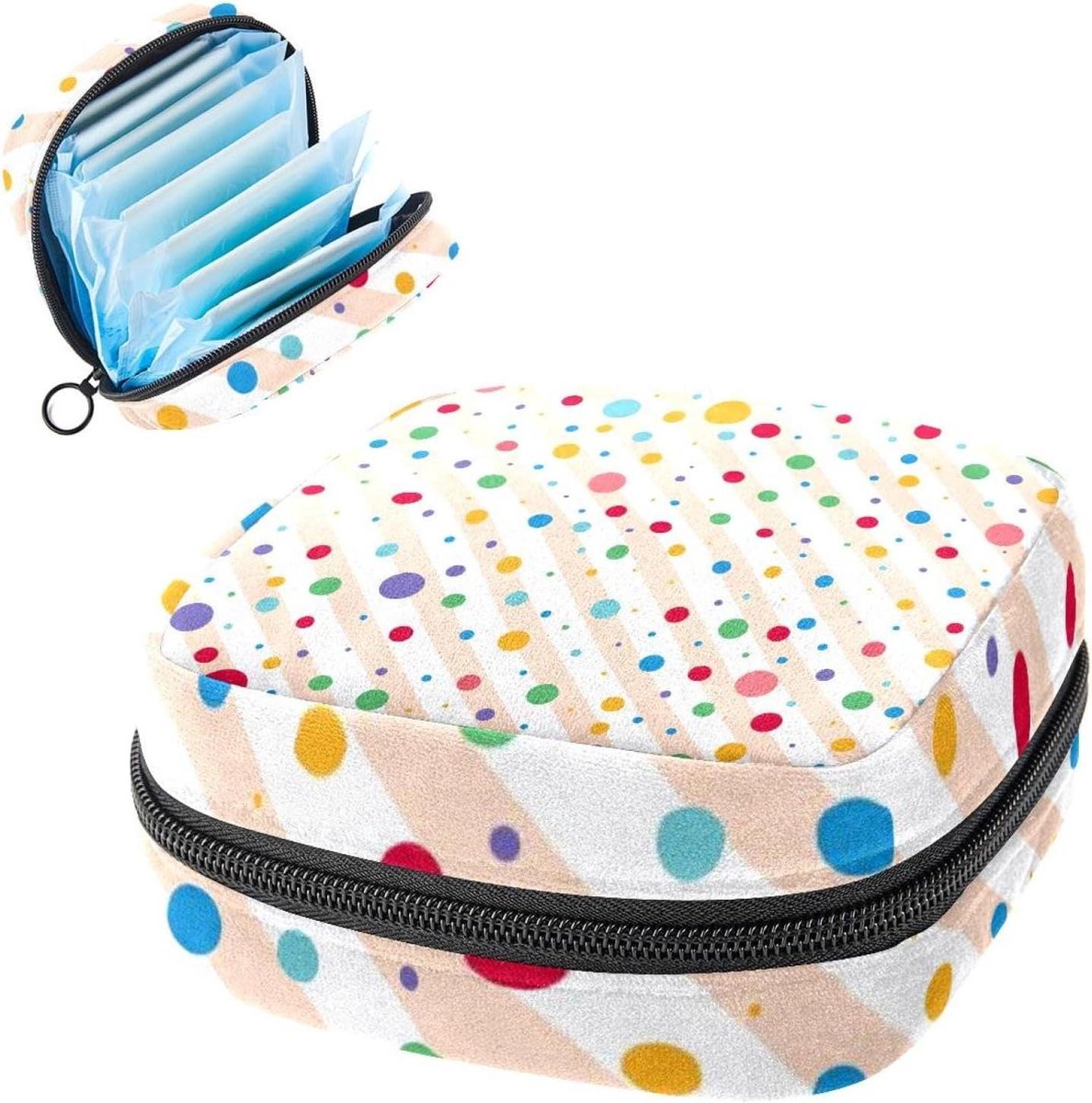 Opbergtas voor maandverband, menstruatiecup zakje tampon tas, menstruatiepads, houder organizer voor vrouwen en meisjes, stippenpatroon, wit roze streep