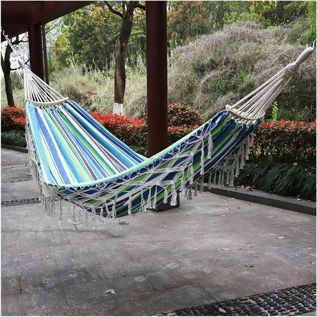 Kampeer Hangmat - Buiten Relaxen - Ontspannen in Natuur - Lichtgewicht Draagtas - Tweepersoons - Blauw Groene Streep