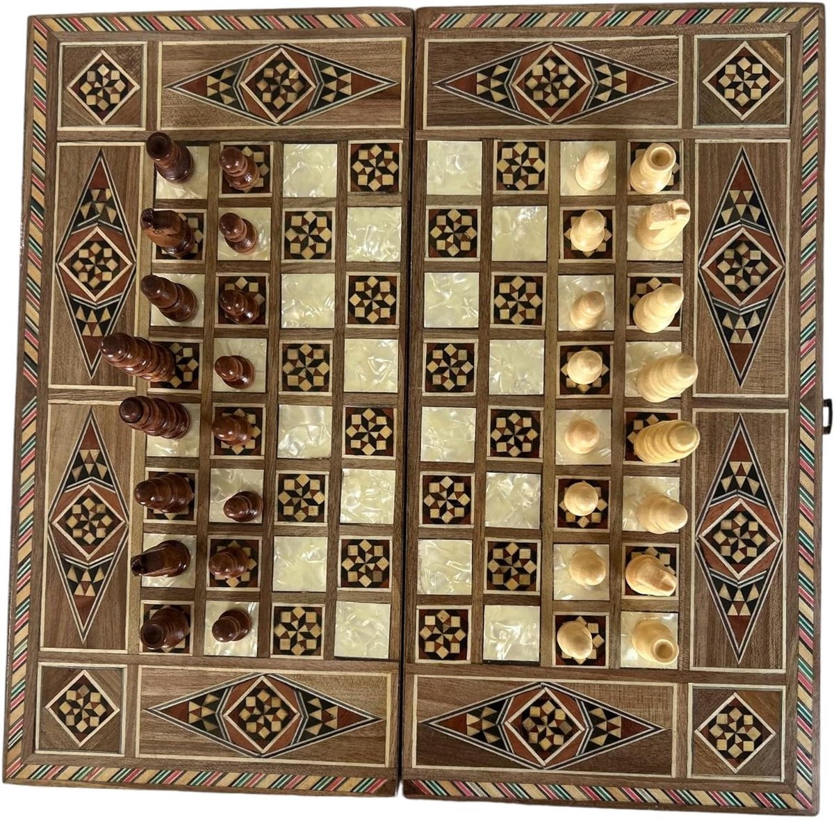 Schaakbord en Backgammon Bord - Traditioneel Spel Tafelspel - Strategisch Spel Spelen - Handgemaakt Moeder van Parel Inleg