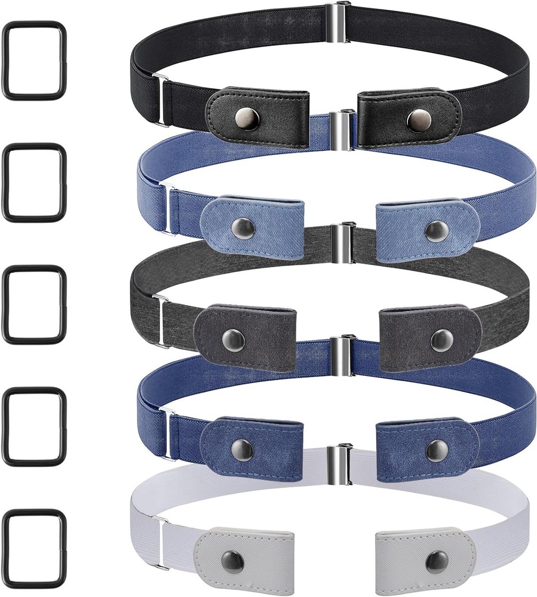 Verstelbare elastische riem zonder gesp - Onzichtbare stretchriem voor dames en heren, perfect voor jeans, broeken en jurken - Set van 5 in wit, grijs en zwart