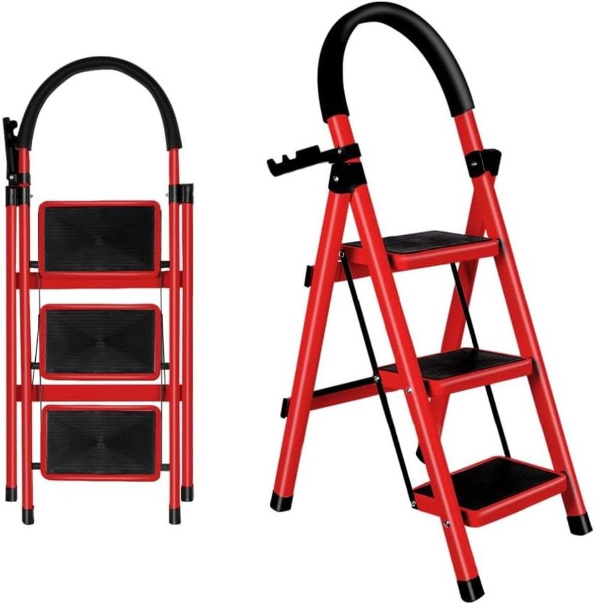Vouwladder Staal - Opvouwbare Trap - Huishoudelijk Gebruik - Antislip Treden - 152 cm - Rood