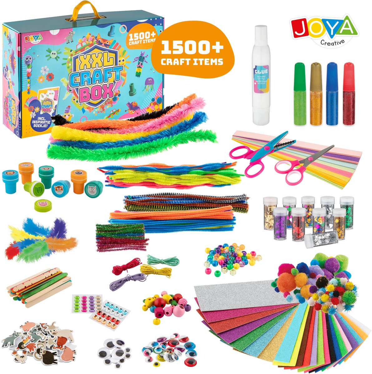 Knutseldoos XXL - 1500+ Knutselitems - Knutselpakket voor Kinderen - Inclusief Inspiratieboekje, Glitter, Vilt, Pijpenragers, Foam, Stempels & Veilig Scharen - Creatieve Knutselkoffer 3+ Jaar - Joya Creative — afbeelding 10