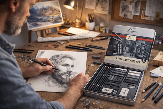 Een man met baard tekent een portret van een man op papier met een potlood. Naast hem ligt een open Nassau Fine Art schetsset.