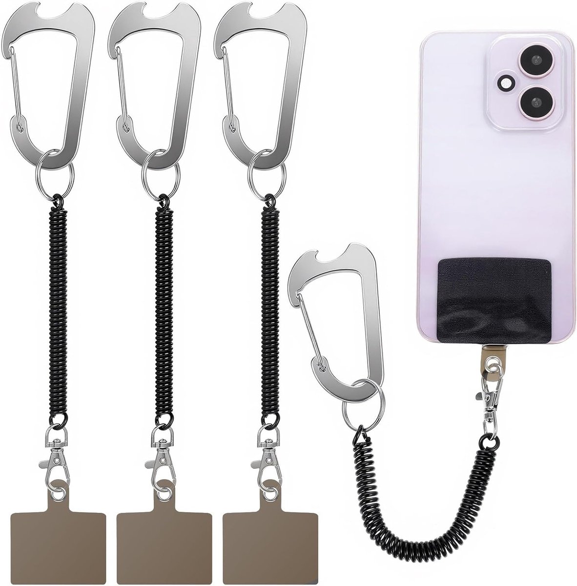 4 Stuks Diefstalbescherming Telefoonband met Flexibele Spiraalkabel voor Outdoor Activiteiten, Wandelen en Sportgebruik
