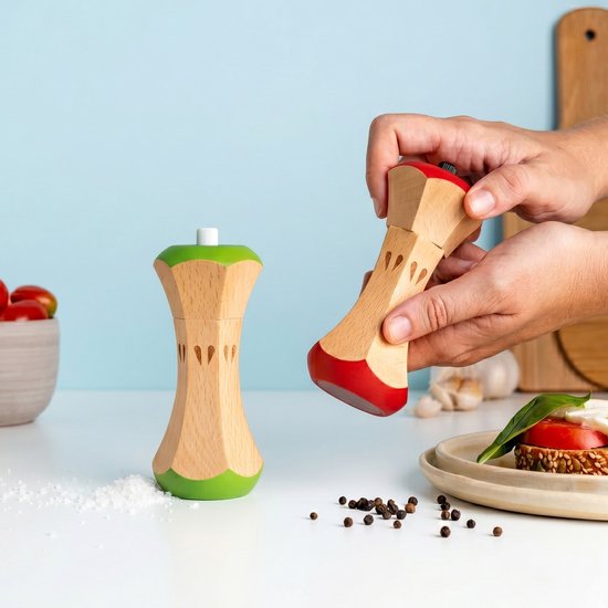 Houten peper- en zoutmolens in appelstronk-vorm, één met rode en één met groene dop, worden gebruikt.