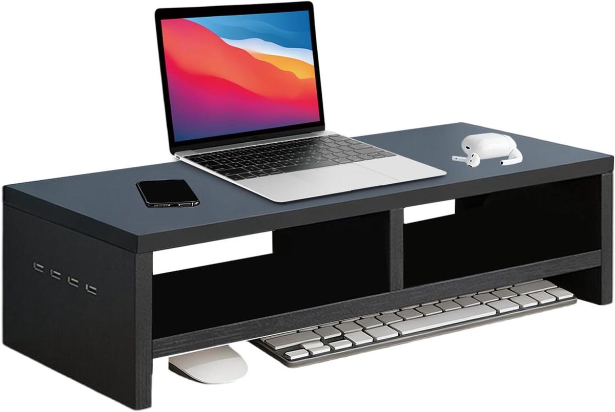 Monitorstandaard - Bureau organizer - Werkplek verbeteren - 4-poorts USB-hub - 2-traps - Zwart