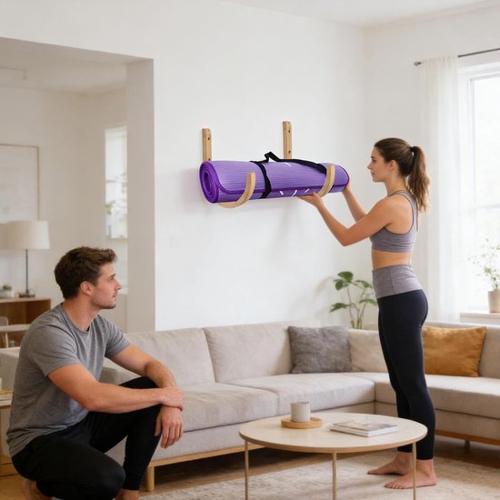 Yogamathouder Wandmontage - Fitness Organizer - Sportmateriaal Opslag - Duurzaam Hout - 28 x 14 x 5 cm - Houtkleur — afbeelding 3