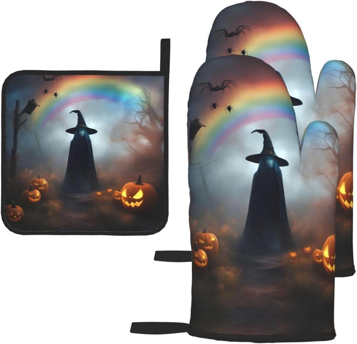 Keuken Bakset - Ovenwanten en Pad - Hete Objecten Vangen - Waterdicht Polyester - 2 Ovenwanten 1 Pad - Regenboog Halloween