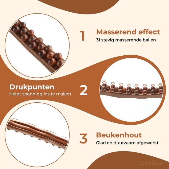 Gedetailleerde afbeeldingen van de houten massage roller: 31 masserende ballen, drukpunten en het gladde beukenhout.