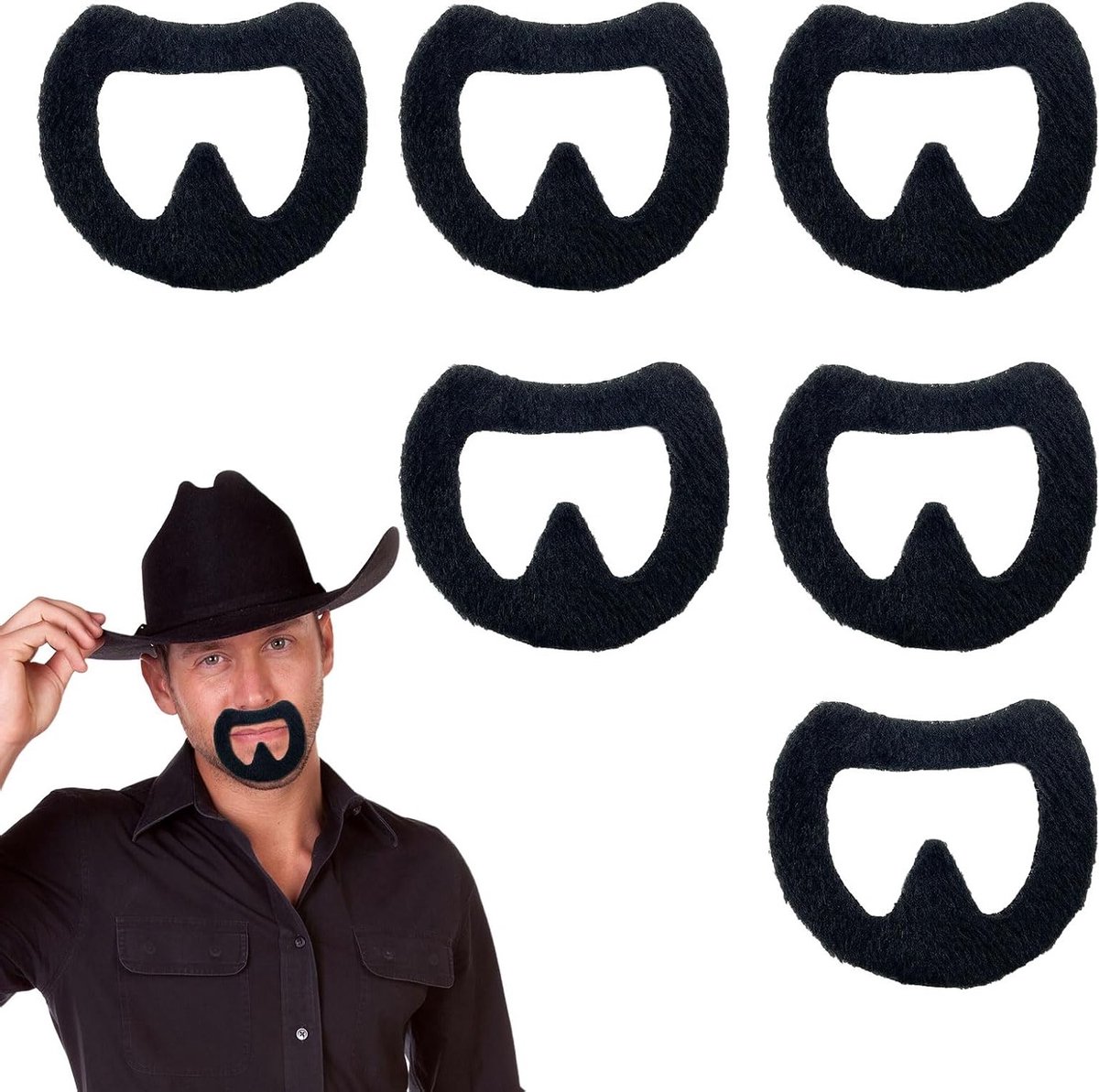 6 Stuks Nepprogramma Baard en Snor Zelfklevend Realistisch Gezichtshaar voor Halloween, Cosplay en Feestjes (Zwart)
