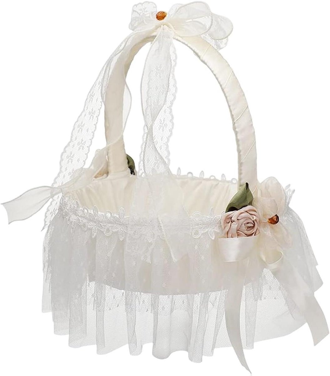 Bloemenmeisjesmand Kant - Bruiloftsmand Decoratie - Bruiloft Decoratie - Handgemaakt Satijn Design - 25 cm Hoog - Wit