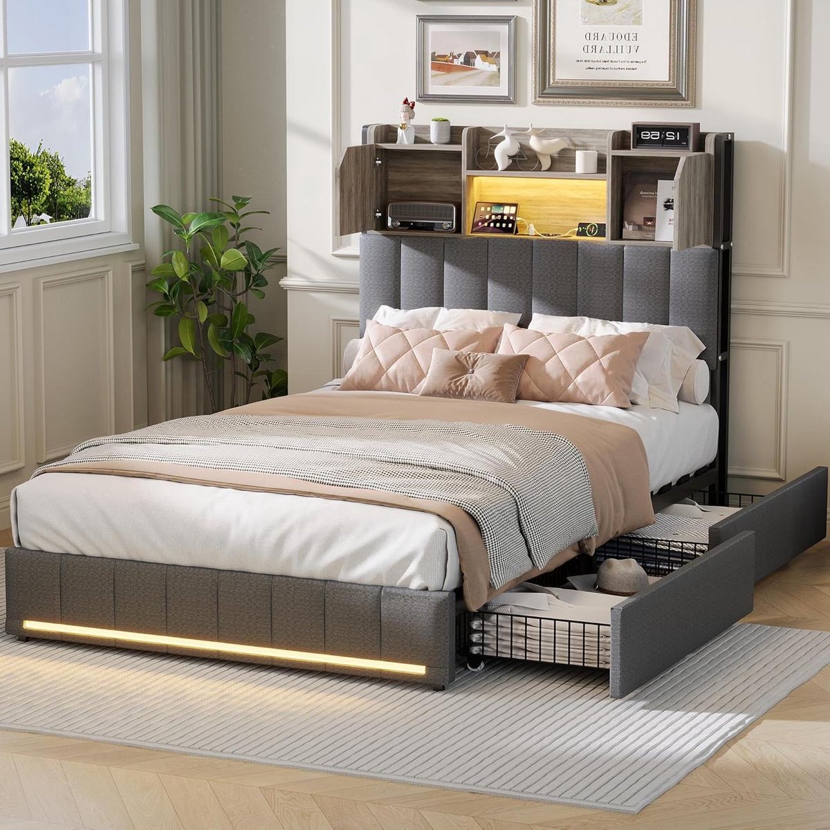 Gestoffeerd Bed - Opbergbed Lades - Ruimte Besparen - Met Led en USB - 90x200 cm - Grijs Linnen