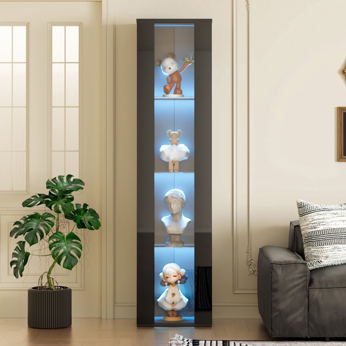 Vitrinekast - 40x29x170 cm zwart - LED kleurwissel met app/afstandsbediening - acryl platen - strak design