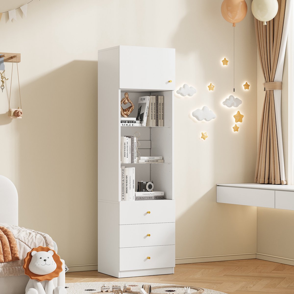 Vitrinekast - 50x40x180 cm wit - verstelbare glasplanken - met 3 laden en deur - compact hoogmodel