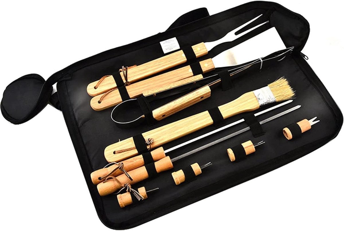 BBQ Gereedschap Set - Grill Accessoires - Buiten Koken - Houten Handvatten - 10 Delig - Zilver