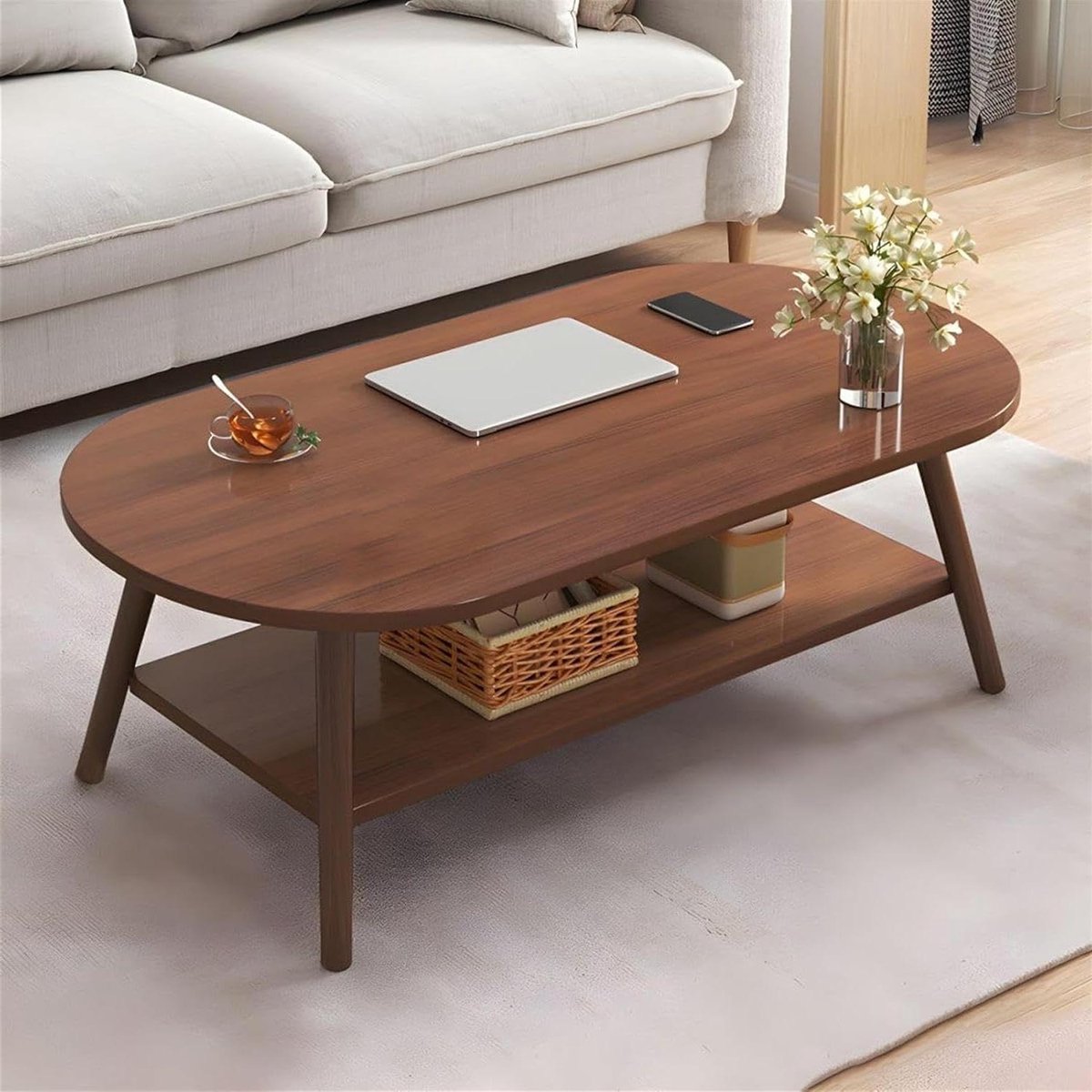 Salontafel Ovaal - Houten Tafel - Woonkamer Inrichten - Twee Niveaus - 80CM - Houtkleur