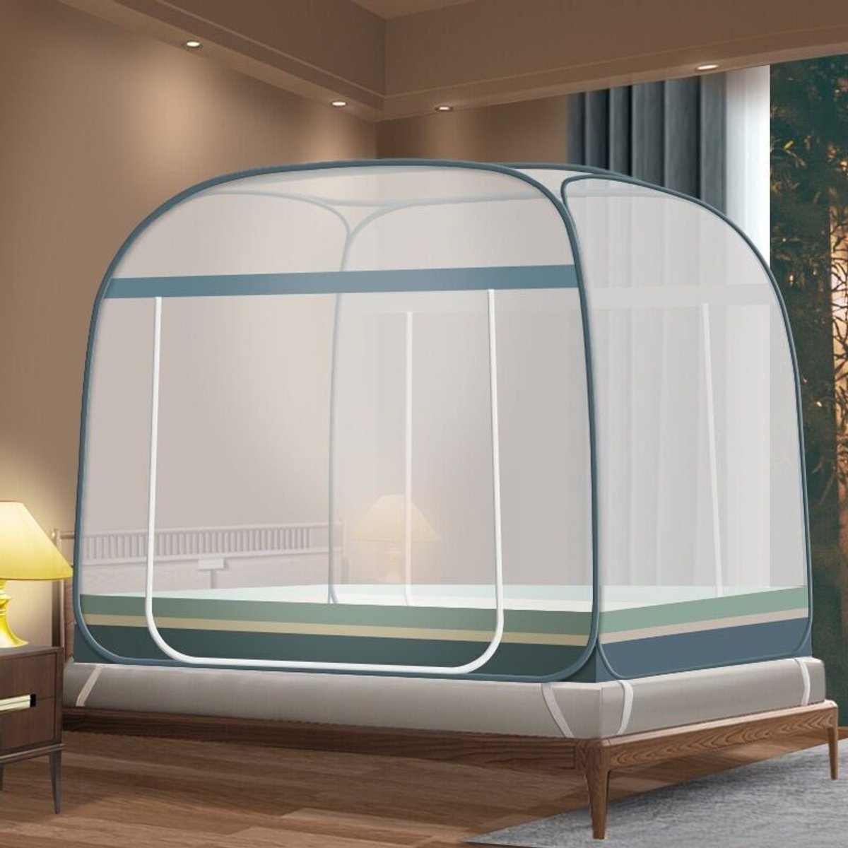 Opvouwbaar muggennet geschikt voor kinderen, 180x200 cm, ademende hoes, dubbele openingen, geschikt voor eenpersoons-/tweepersoonsbedden, groene strepen.