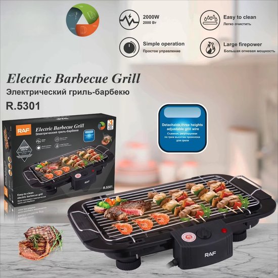 Elektrische Grillplaat - Teppanyaki Bakplaat - Tafelgrill - 6 personen - Regelbare thermostaat - Geschikt voor thuisfeesten, kamperen en binnenbarbecue - Zwart — afbeelding 2