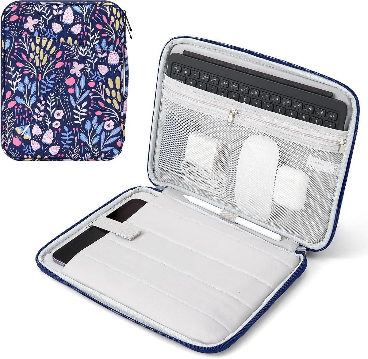 Tablet Sleeve voor 9-11 inch Tablets, Beschermende Tas met Vakken voor iPad en Galaxy Tab, Bloemenprint