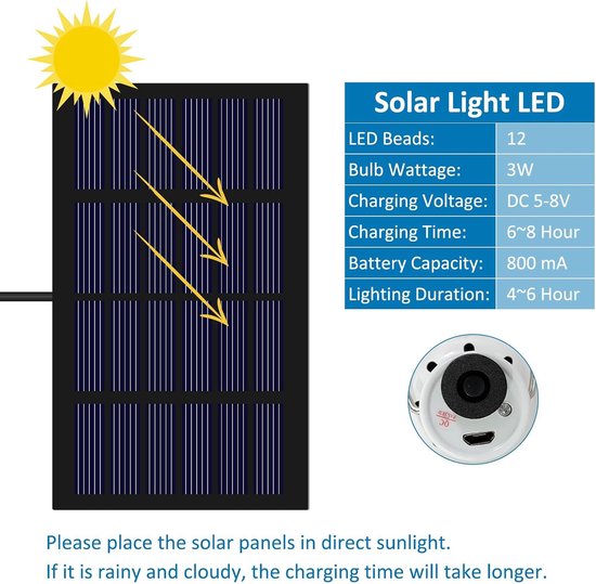 Led-lamp voor buiten, om op te hangen, 3 W, met kabel van 3 m, draagbaar, met zonnepaneel, oplaadbare ledlamp voor vissen, camping, noodgevallen, tuin, 2 sets — afbeelding 4